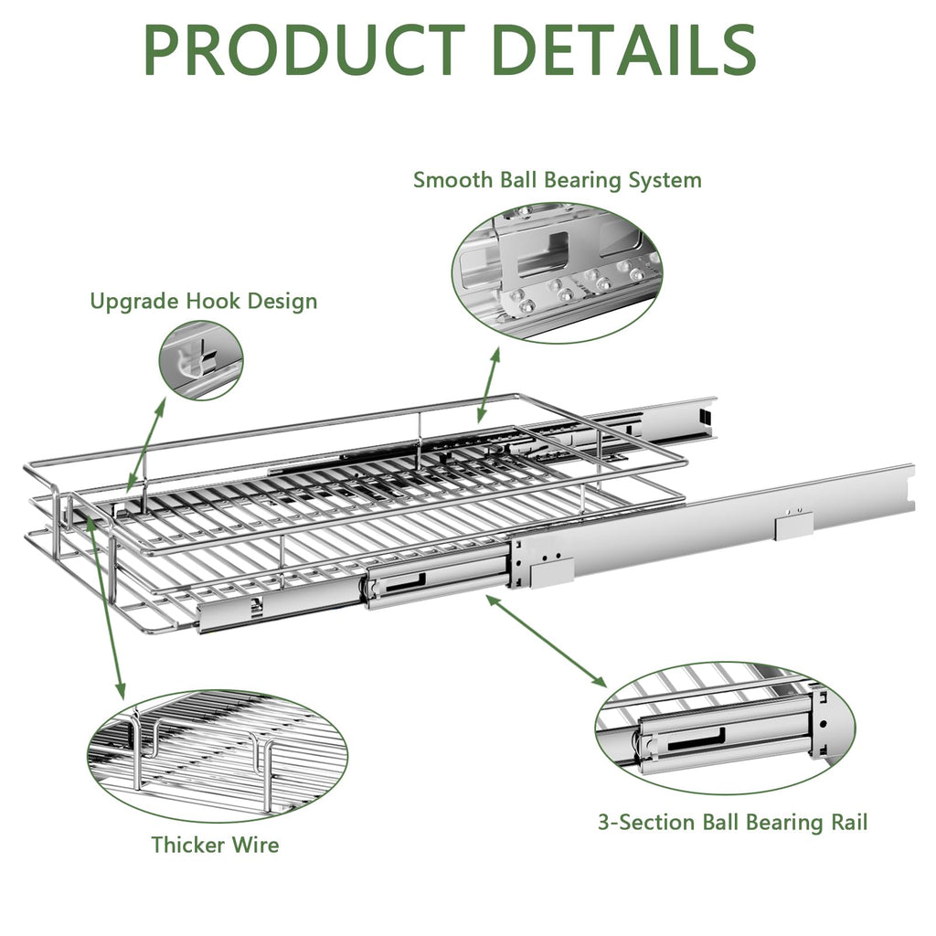 Pull Out Cabinet Organizer, Heavy Duty Slide Out Pantry Shelves for Bathroom Vanity & Shallow Kitchen Cabinets, Chrome Metal Sliding Drawer with Mounting Template
