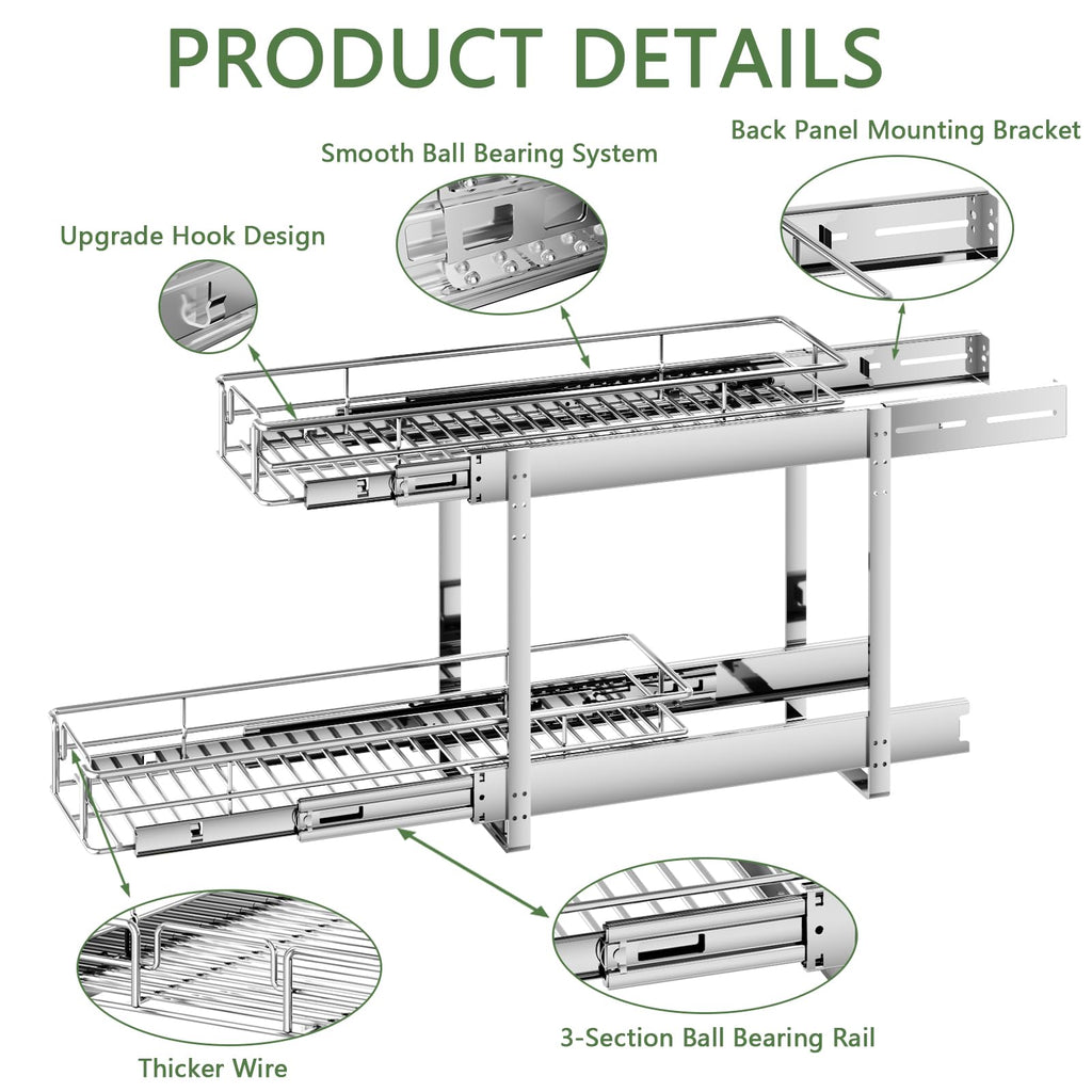 2-Tier  Pull Out Cabinet Organizer, Heavy Duty Chrome Wire Shelves for Bathroom Vanity & Under Sink Storage, Vertical Sliding Drawer