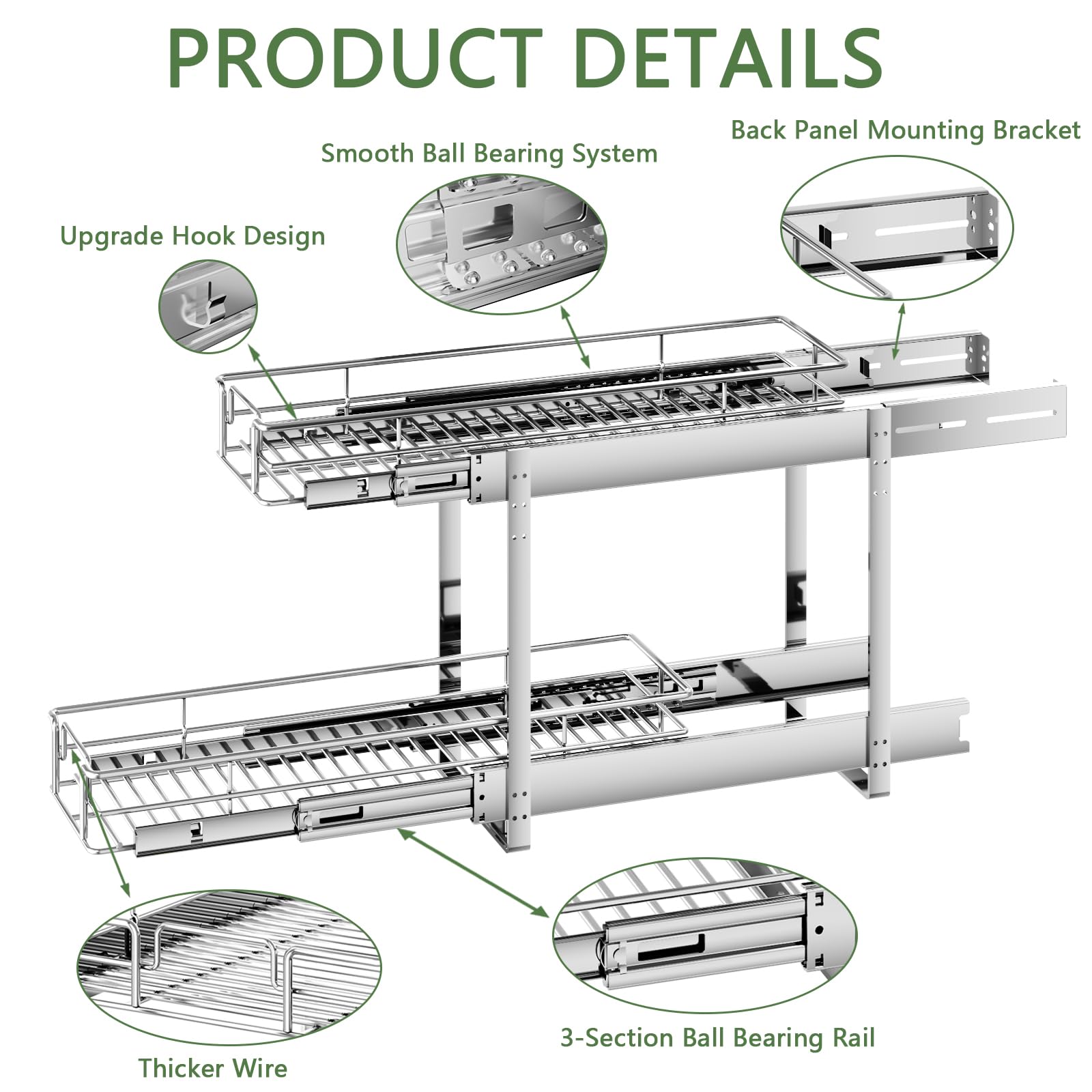2-Tier  Pull Out Cabinet Organizer, Heavy Duty Chrome Wire Shelves for Bathroom Vanity & Under Sink Storage, Vertical Sliding Drawer