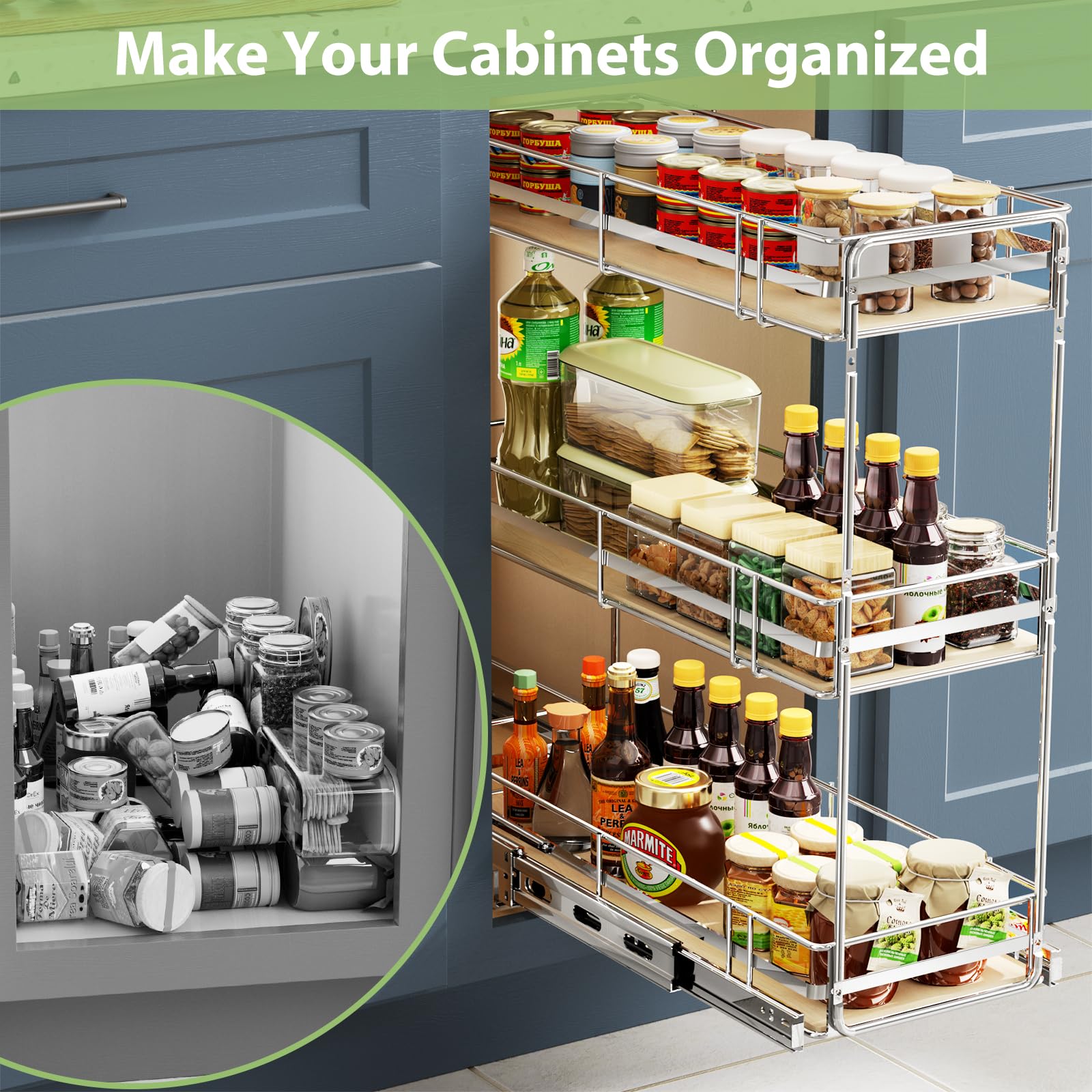 3-Tier Pull Out Spice Rack Organizer for 6" Narrow Cabinets, Slide Out Filler Storage with Solid Wood Base, Heavy Duty Chrome Kitchen Shelf for Spices, Sauces & Oils