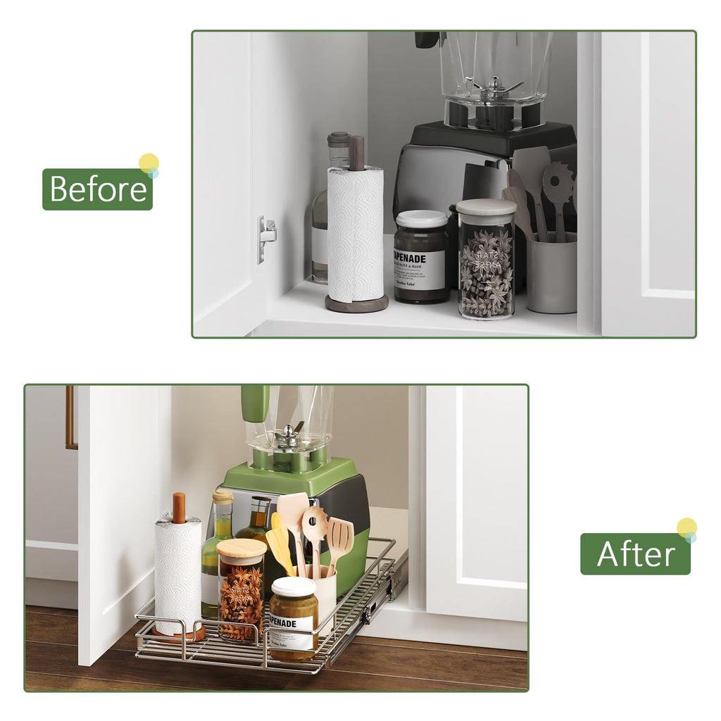 Pull Out Cabinet Organizer, Heavy Duty Slide Out Pantry Shelves for Bathroom Vanity & Shallow Kitchen Cabinets, Chrome Metal Sliding Drawer with Mounting Template