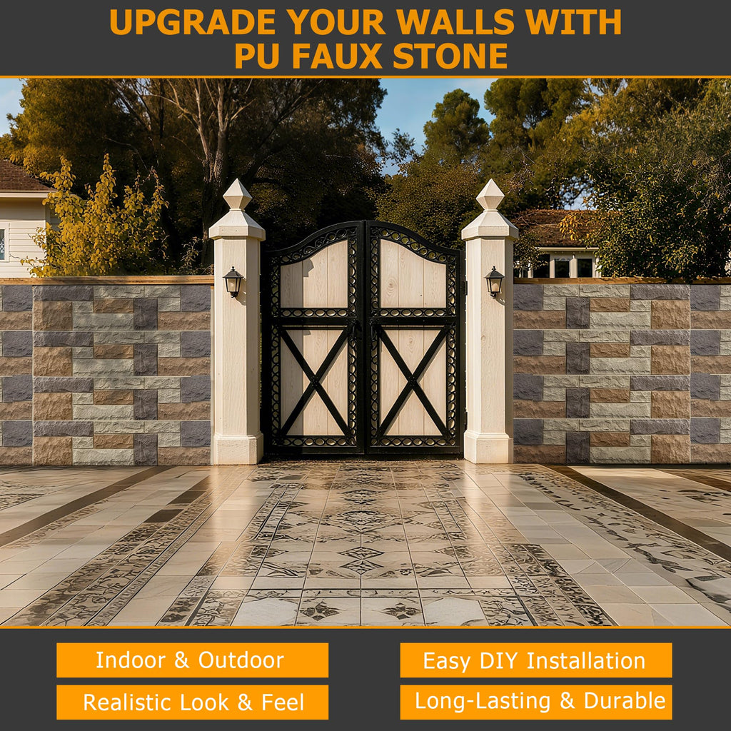 Faux Stone Wall Panels, 1-Pack Premium PU Stone Veneer for Indoor/Outdoor, 3D Artificial Rock Siding for Fireplace Surround & TV Accent Wall, English Brown Castle Stone, 45.67"x11.8"