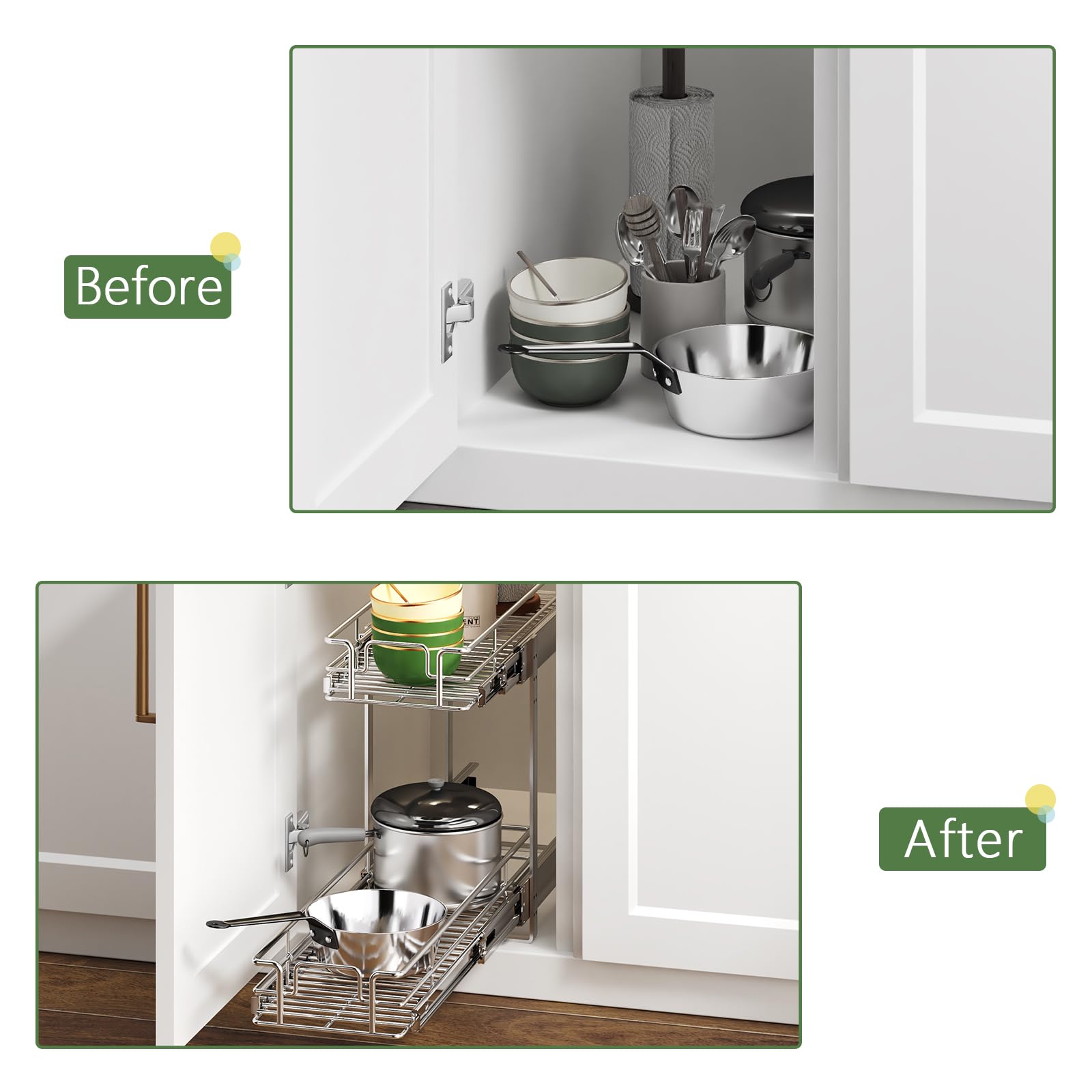 LUXEYARD 2-Tier Pull Out Cabinet Organizer, Heavy Duty Chrome Wire Shelves for Bathroom Vanity & Under Sink Storage, Vertical Sliding Drawer