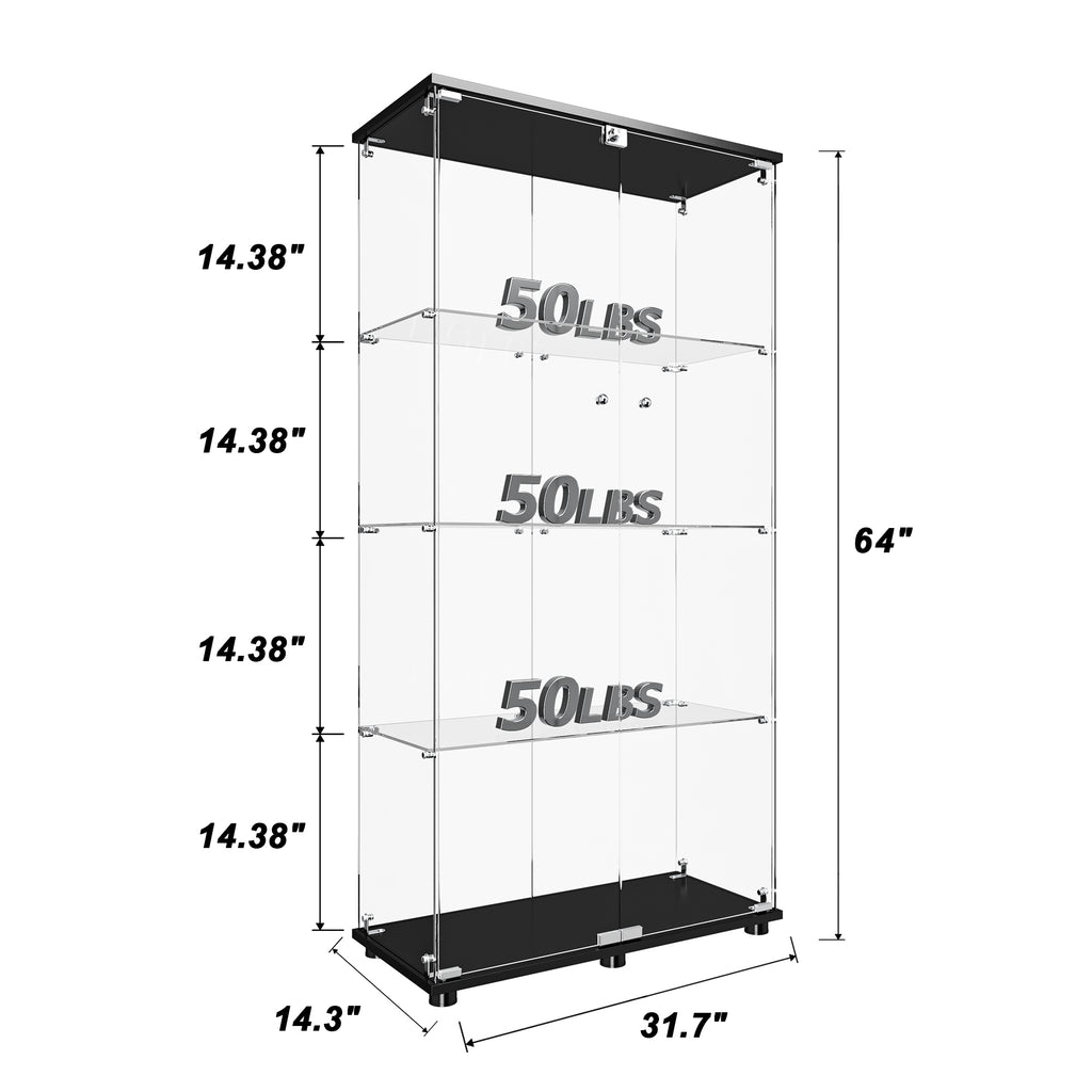 Glass Display Cabinet with Lock, 4-Shelf Double Door Curio Cabinet with Tempered Glass Shelves, Floor Standing Display Case for Collectibles and Decor, 31.7" W x 14.3" D x 64" H