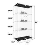 Glass Display Cabinet with Lock, 4-Shelf Double Door Curio Cabinet with Tempered Glass Shelves, Floor Standing Display Case for Collectibles and Decor, 31.7" W x 14.3" D x 64" H
