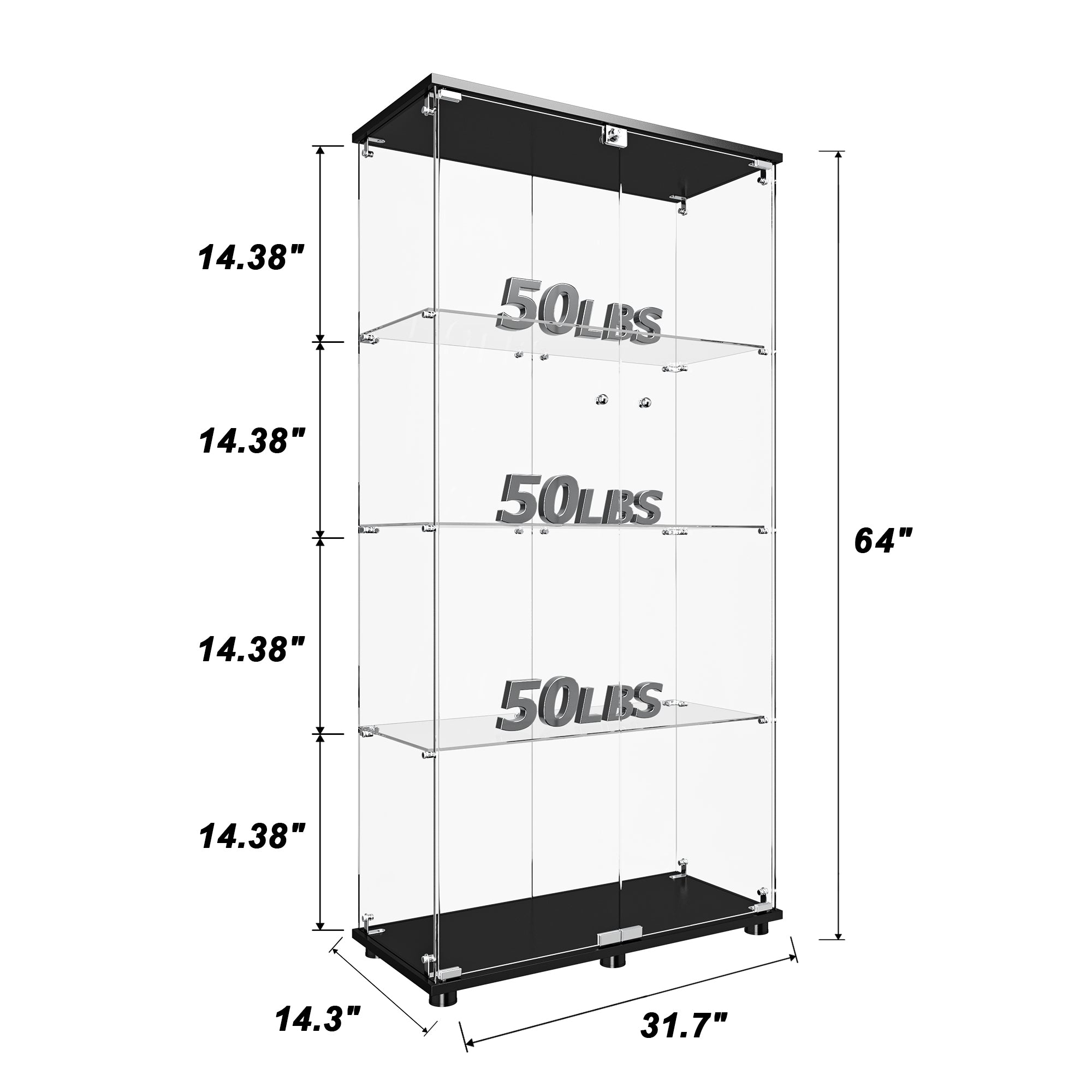 Glass Display Cabinet with Lock, 4-Shelf Double Door Curio Cabinet with Tempered Glass Shelves, Floor Standing Display Case for Collectibles and Decor, 31.7" W x 14.3" D x 64" H