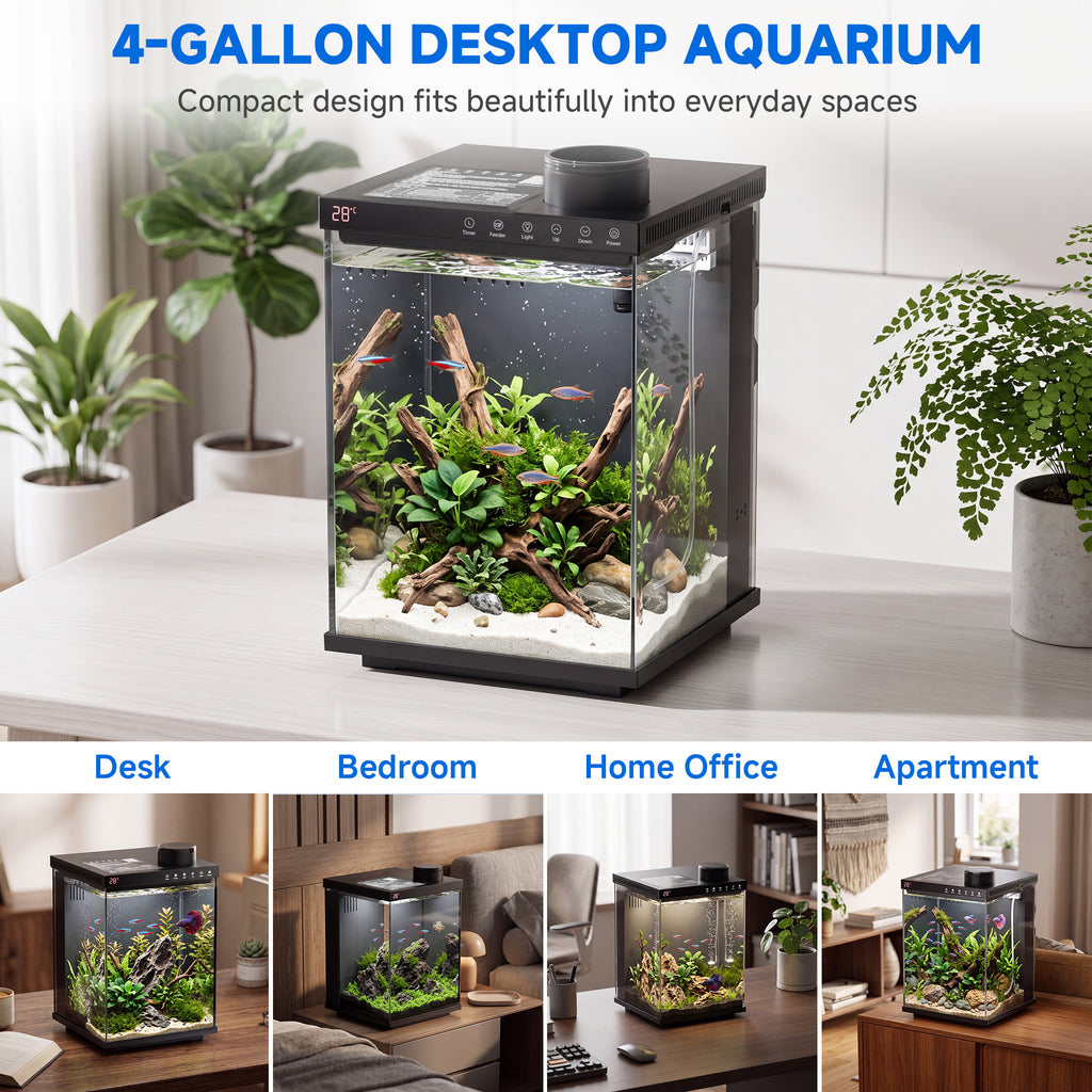 Fish Tank 4-Gallon Aquarium Set, Equipped with an Automatic Feeder, 8 Color Lighting Modes, an Automatic Three-in-one Silent Oxygen Pump, and a Temperature Display